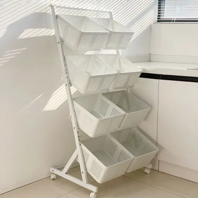 Bedroom Floor-Standing 6-Shelf Iron Rolling Cart with Vegetable Basket & Snack Storage Bin for Living Room Household