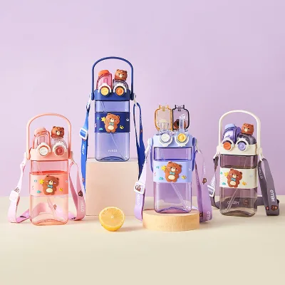 2024 New Children's Double Drinking Cup Cartoon Double Compartment Fruit Tea square Cup High Value Students Straw Hand Cups