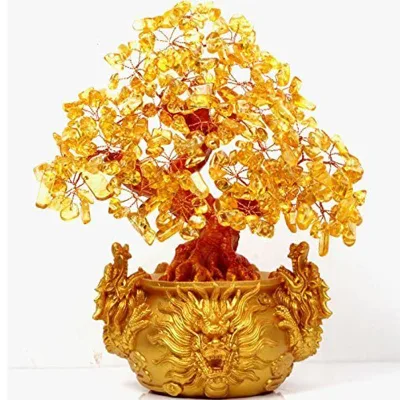 Yellow Crytal Feng Shui Money Tree with Chinese Dragon Pots