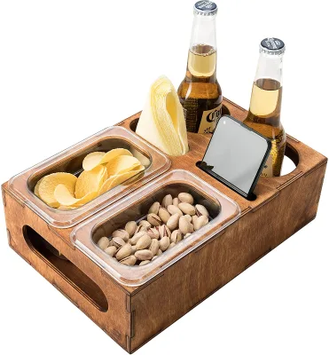 Couch Organizer Wood Beer Box Drink Box Snacks Tray Table Stand Caddy with Slots Gift for Beer Lover for Glasses, Chips, Nuts