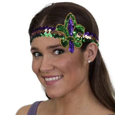 Adjustable Unisex Adult's Mardi Gras Fleur Di Lis Headband Purple Sequin Faux Feather Fascinators Headwear Headpieces Hair Band