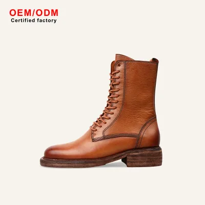 Fashion Design Horsehide Lace-Up Mid-Calf Ankle Boots Autumn Winter Mid-Heel Side Zipper Brown British Style Martin Boots
