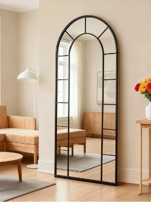 French-style Vintage Metal Wall-mounted Floor-standing Arched Full-length Mirror; Living Room Entryway Hallway Clothing Decor