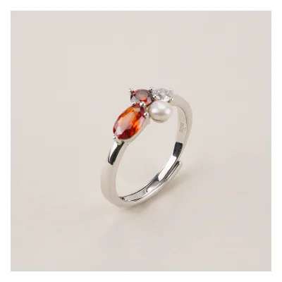 4mm Fresh Water Pearl S925 Silver Ring Plated 18-karat Gold Garnet Open Silver Rings for Women