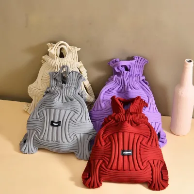 Korean Niche Design Pleated Backpack Casual Knit Shoulder Bag Fashion Unique Style Yarn Woven Handbag for Daily Matching