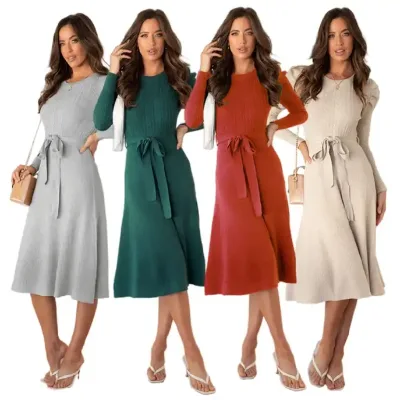 High Quality Winter Midi Dresses Slim Fit Ladies Knitted Sweater Long Sleeve Casual Fall Women Casual Dresses