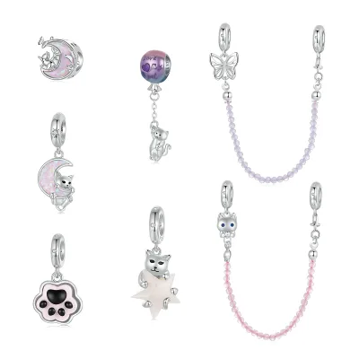 Factory Price 925 Sterling Silver Noctilucent Pet Paw Mooncat Pendant Cute Cat Eye Security Chain Bracelet Pendant for Woman