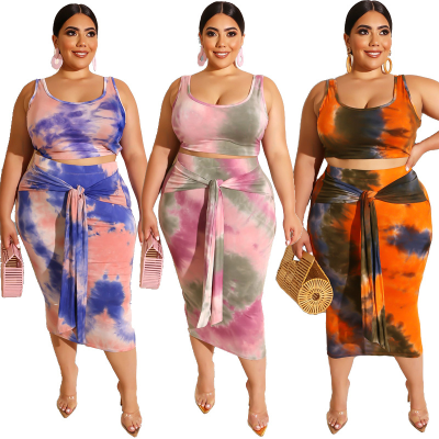 RNSHANGER Plus Size 5XL Elegant Skirt 2 Piece Set Summer Tie Dye Casual Women Clothing Two Piece Dresses Set