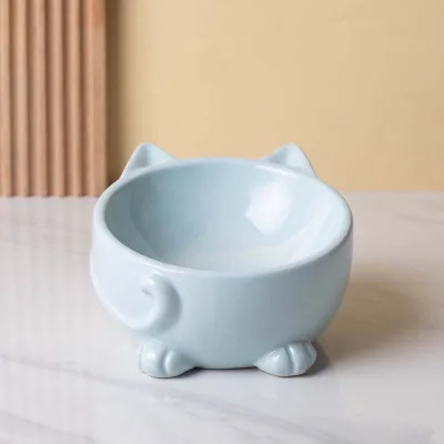 C-Shaped Solid Pattern Slanted Ceramic Pet Bowl Modern Raised Wooden Stand Easy Clean Detachable Design for Cats Small Dogs