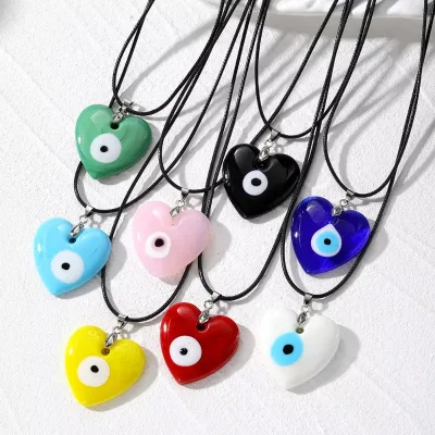 Vintage Ethnic Love Heart Shape Devil's Eye Pendant Necklace Black Rope Leather String Turkish Blue Evil-Eyes Heart Necklace
