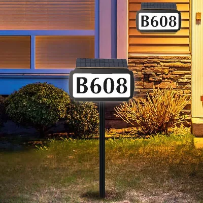 Solar Powered Address Sign House Numbers Waterproof, 3-Color LED Lighting Plaque with Stakes, Outdoor Address Number