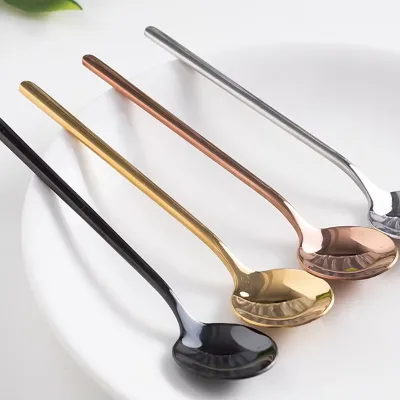 Stainless Steel Long Handle Coffee Spoon Round Small Spoon Dessert Honey Tea Stirring Spoon Multi Color Flatware