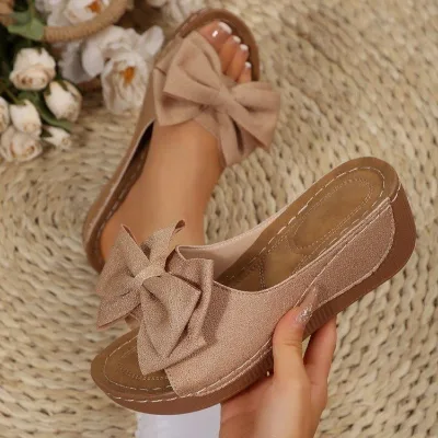 Big-size Platform slippers in 2026 Summer Style - Casual and Retro with Bow Ties, Lightweight and Comfortable for Leisure Time.