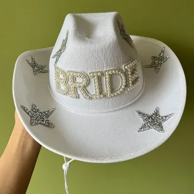 Bridal Party Western Cowboy Hat Diamond Star Cowgirl Hat with Bride Letter Pearl Beads Wedding Bridal Cap Cowboy Hat for Party