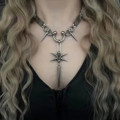 Trendy Punk Cool Spikes and Fringe Pendant Necklace Niche Handmade Steel Chain Hiphop Accessories for Men and Women