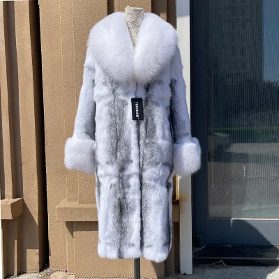Winter Thickened Fur Coat for Women Rabbit Fur One-piece Long Style Real Fox Fur Collar Fashion Warm Coat Women