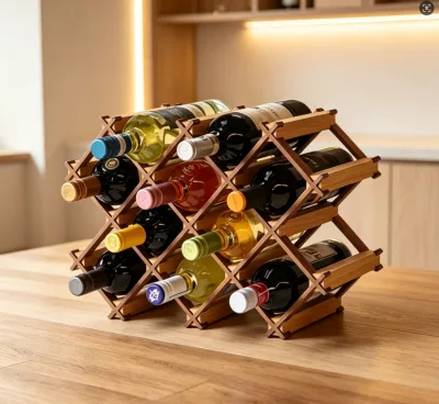 Expandable Foldable Wooden Wine Rack Countertop Diamond Wine Bottle Storage Holder Wood Wine Shelf for Home Kitchen Bar