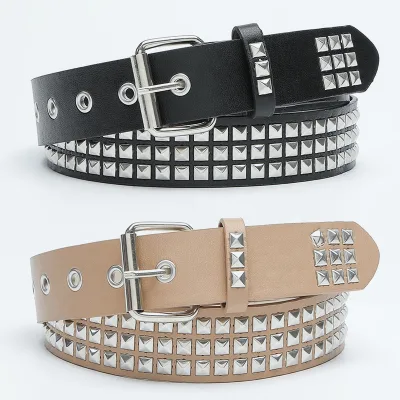 100% Leather Custom Logo Studded Belt for Men Metal Punk Rock Rivet Belt with Bright Pyramid Studded