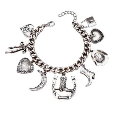 Antique Silver Retro Western Cowgirl Style Bracelet Cowboy Boots Hat Horse Shoe Bow Flower-shaped Charms Women Jewelry Bangles