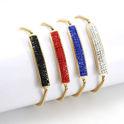 Fashion Bar Full Diamond Crystal Rhinestone Customized Stainless Steel Adjustable Gold Box Chain Bracelet for Engraving