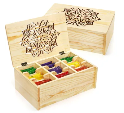 9 Compartment Holder Floral Carved Lid Multi Functional Decorative Storage Sugar Packet Spice Wooden Tea Bag Organizer Box
