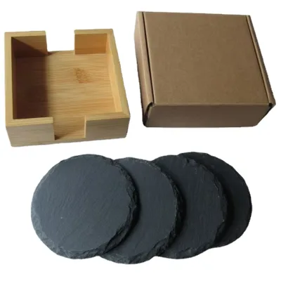 Factory Direct Sublimation Slate Coaster Black Stone Slate Coaster Set 10cm Round With Bamboo and Wood Storage Box Slate Coaster