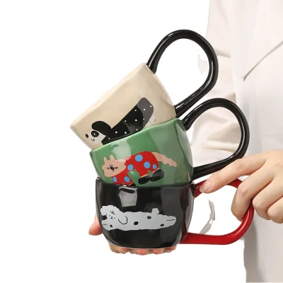 Korea Ins Style Cute Cartoon Animal Ceramic Coffee Mug with Large Handle for Breakfast Office Use Party Gift for Couples
