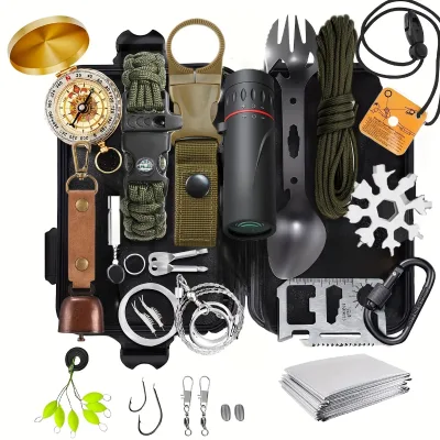 Outdoor Survival Gear Kit - Compass Fishing Tackle Folding Saw Fire Starter Whistle & Scissors Compact Camping & Hiking