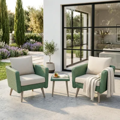 Modern Square Cube Woven Outdoor Conversation Set All-Weather Vibrant Green Rattan Armchairs with Natural Timber Frame