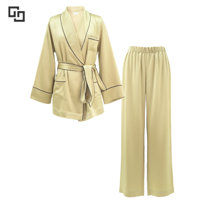 2024 New Arrivals Women Silk Sleepwear 2 Piece Home Wear Long Sleeve Robe With Belt Luxury Satin Pajamas Women