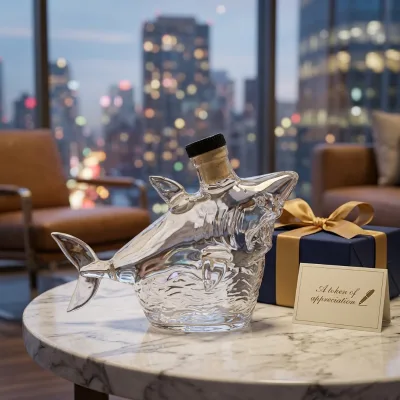 Luxury Hand Blown Crystal Shark Decanter Ocean Wave Base High Borosilicate Glass Whiskey Liquor Bottle Premium Nautical Bar