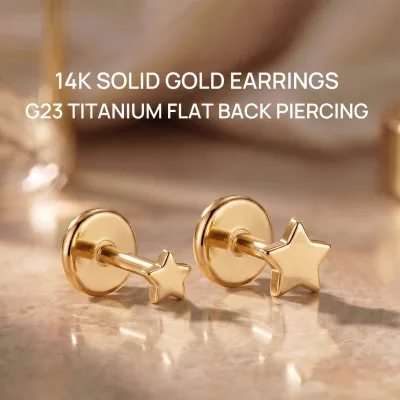 Dainty Anti-allergy 14K Solid Gold Head G23 Titanium Cartilage Stud Smooth Five-point Star Earring 2/3mm Star Size