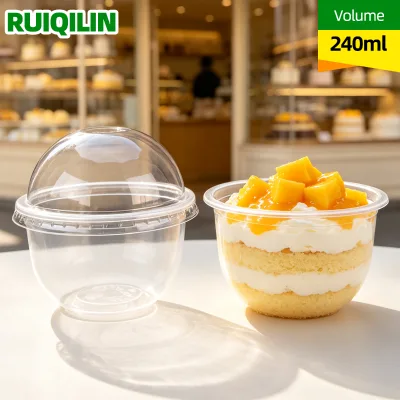 Ruiqilin Custom logo 240ml Transparent Dabba Cup Round Bottom Plastic Cups with Lids for Cake Smoothie Ice Cream Cup and Dessert