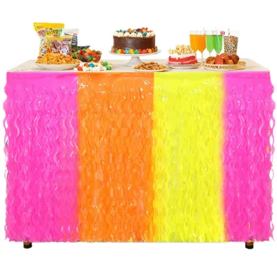 75*275cm Fluorescent Rose Red Orange Yellow Color Block Curved Knife Tassel Table Skirt