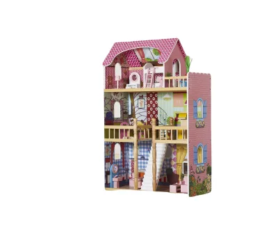 Big Princess Pink Wooden DIY Doll House with Miniature Accessories Educational Toy