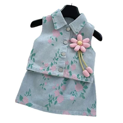 Girls' Summer Jeans Set Skirt New Style Baby Girl Lightweight Printed Denim Two-Piece Set
