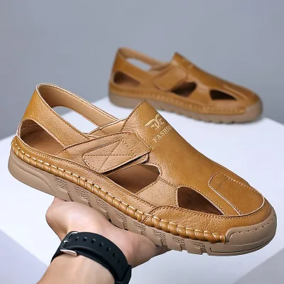 2025 Summer New Men's Genuine Cow Leather Sandals Baotou Outdoor Beach Shoes Leopard Pattern Wide Toe Box Design Dropshipping