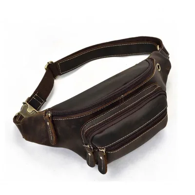 BEARKY Crazy Horse Leather Waist Fanny Pack Vintage Contrast Stitch Belt Chest Crossbody Bum Bag Triple Zipper Hip Pouch