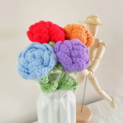 Finished Product Rose Flowers Quality Knitted Handmade Crochet Flower Wholesale Office Desktop Decoration Crochet Flower