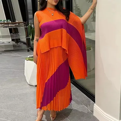 Design Sense Casual Vintage Pleated One Set 100% Polyester Shawl Irregular Top + Long Elastic Waist Skirt Quick Dry Women's