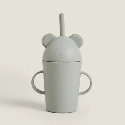 Mouse Design Soft Spout Easy Grip Water Drinking Baby Cups With Straws and Lids Silicone Sippy and Training Cup for Baby