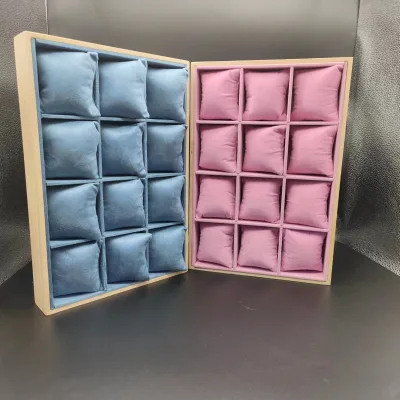 Wooden Rectangular Side 12 Grid Jewelry Display Pillow Plate Watch Bracelet Showcase Macaron Color