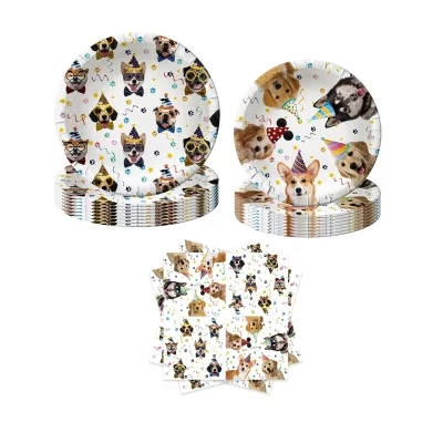 60 Pieces Dog Pet Dog Paw Theme Birthday Party Tableware Plates Cups Paper Towels Balloon Backdrop Set Supplies