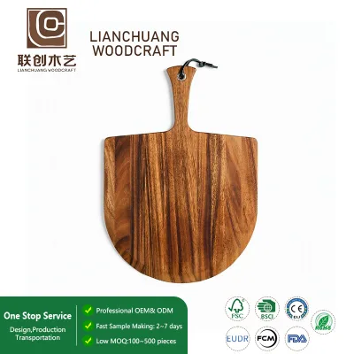 FSC Certified Acacia Pizza  Board With Metal Grommet and Strap Rustic Pizza Serving Peel for Wood Fired Brick Oven Kitchen