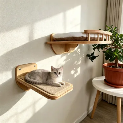 Modern Cat Wall Furniture Curved Wooden Perch With Soft Cushion and Step Ladder for Indoor Cats to Rest Climb Observe
