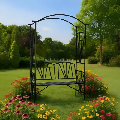 2 Seater Outdoor Waterproof Rustproof Rose Trellis Steel Garden Arch with Bench All-Season Black
