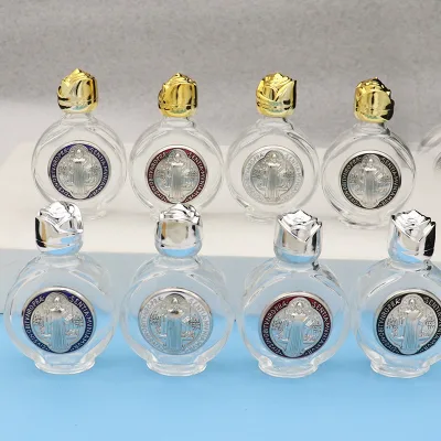 Catholic Religious St. Benedict Exorcism Holy Water Flask, Small Glass Bottle with Protection Medal for Church & Prayer