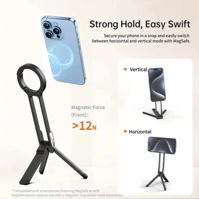 New Aluminum Alloy Foldable Magnetic Mobile Phone Holder Bracket with Bed Use Multi-Function Three-Legged Tripod Spring Buckle