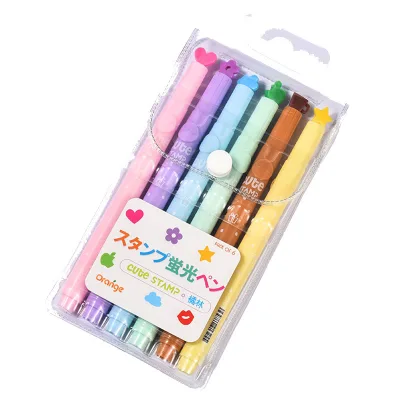 Kawaii Single Tip Stamp Highlighter Pen Set 6 Shapes Color Fluorescent Markers Aesthetic Stationery for Journal Planner Note