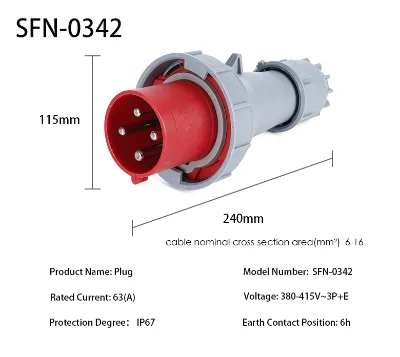 SFE SFN-0342 IP67 Heavy-Duty Waterproof Industrial Plug 63A 380-415V 6H 3P+E 4Pin Three-Phase Red Nylon Power Connector